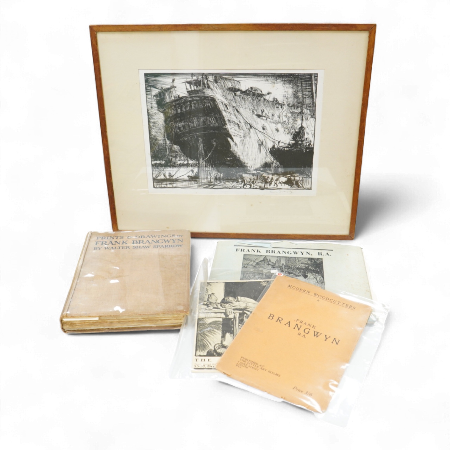 Frank Brangwyn RA RWS RBA (Welsh, 1867-1956), ‘Breaking up the Caledonia’, signed in pencil, lithograph, 28 x 37cm, together with a hardback book, Masters of Etching No.1 Frank Brangwyn and two modern woodcutters booklet
